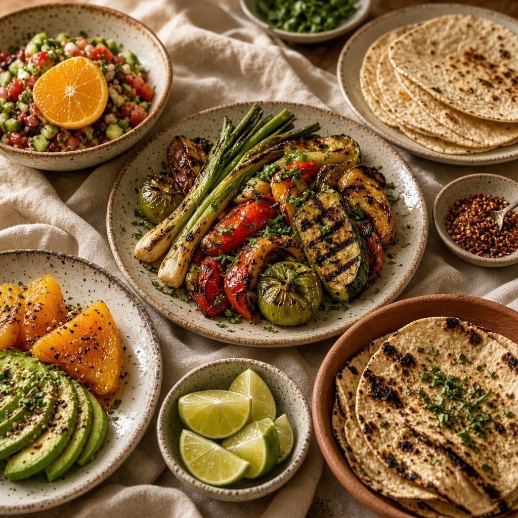 A shared table of grilled vegetables, tortillas, and citrus.