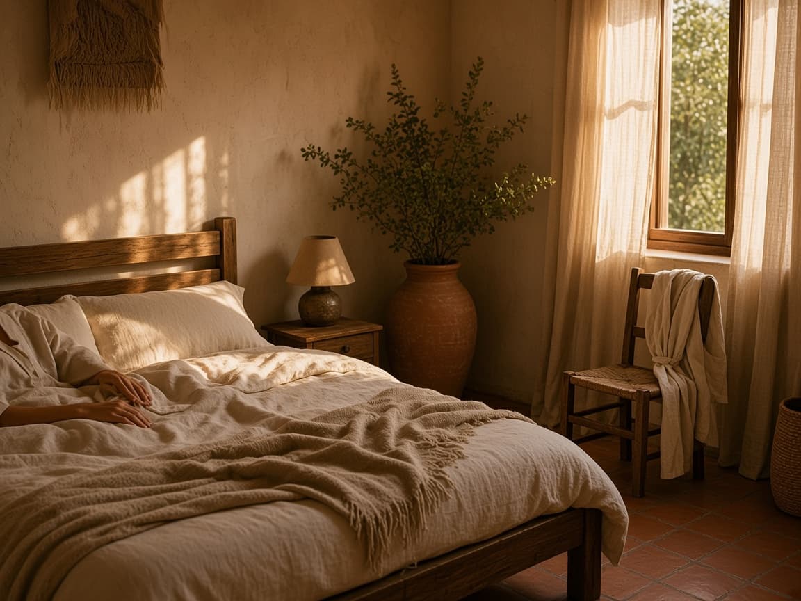 A guest resting in a linen bedroom at a small stay.